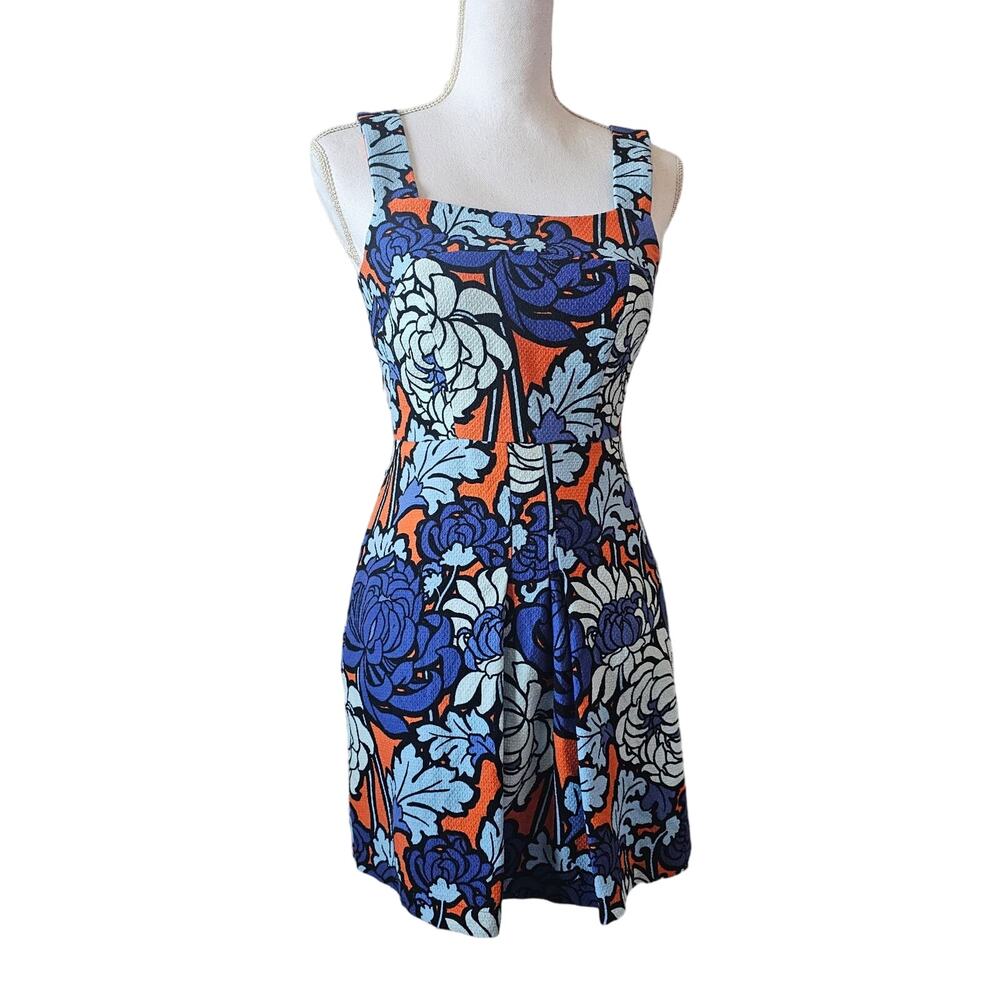 Topshop Retro Floral Square Neck Mini Dress Size 4 Blue Orange - Picture 6 of 6